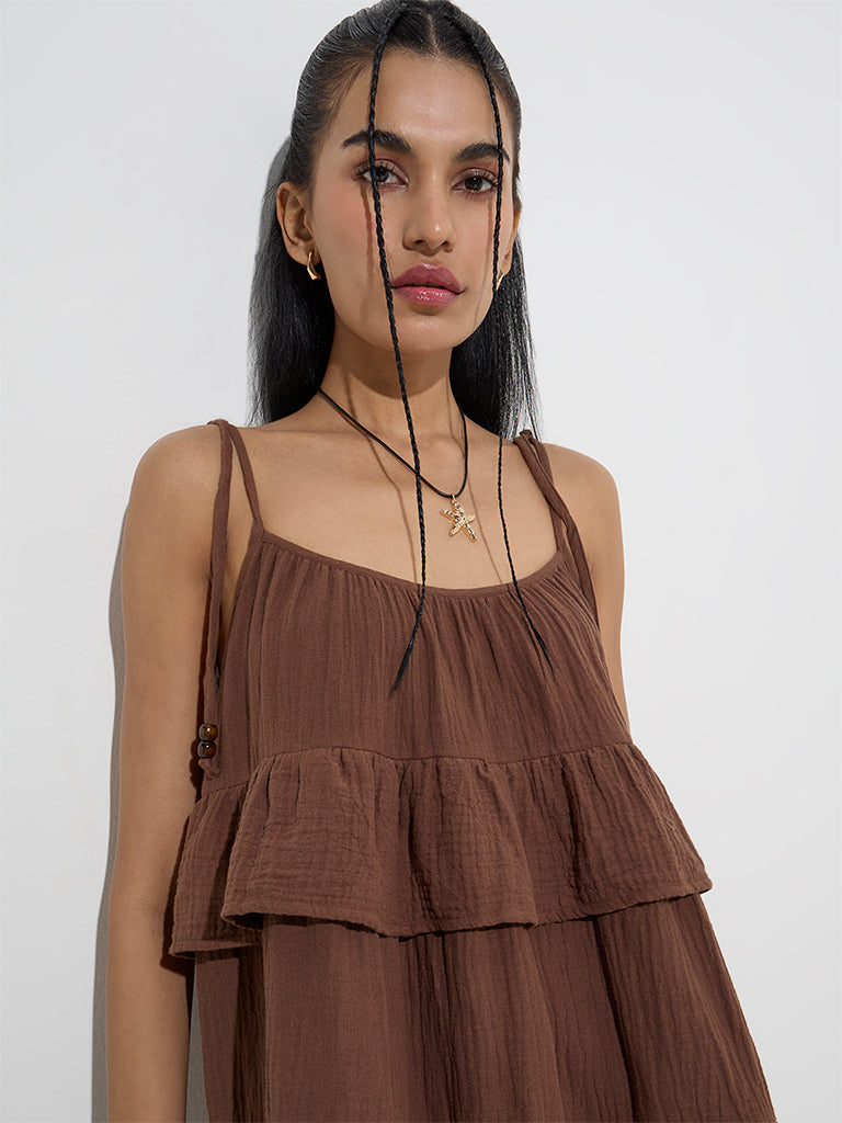 Nuon Brown Ruffle-Detailed A-Line Dress - Image 3