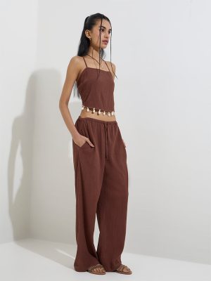 Nuon Beige Crinkle-Textured Mid-Rise Pants