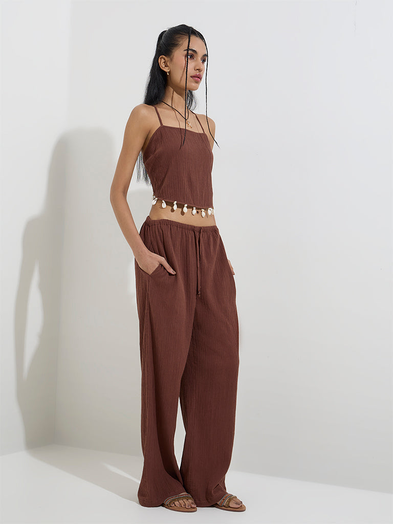 Nuon Beige Crinkle-Textured Mid-Rise Pants