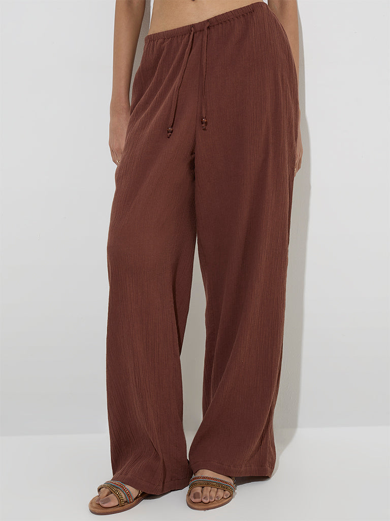 Nuon Beige Crinkle-Textured Mid-Rise Pants - Image 2