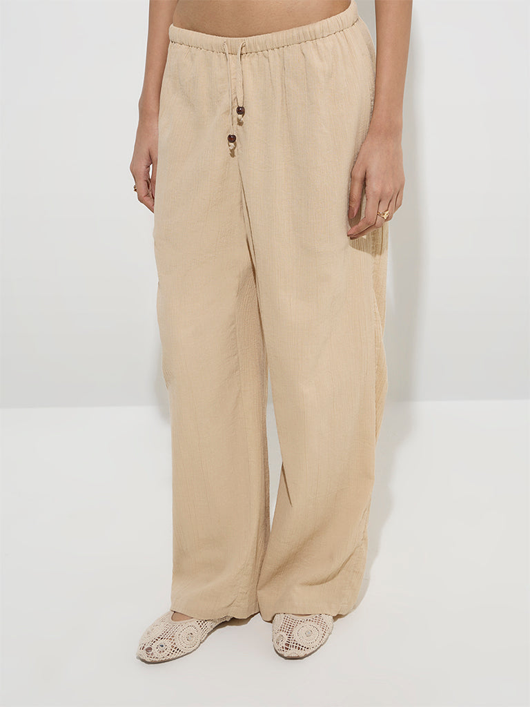 Nuon Beige Crinkle-Textured Mid-Rise Pants - Image 2