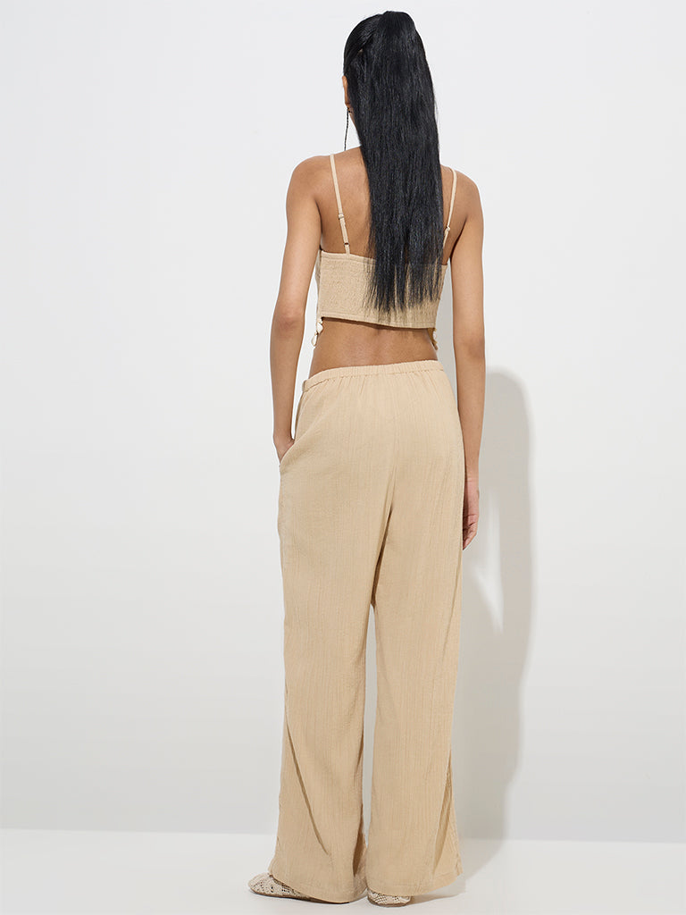 Nuon Beige Crinkle-Textured Mid-Rise Pants - Image 4