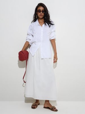 LOV White Floral Embroidered Cotton Shirt