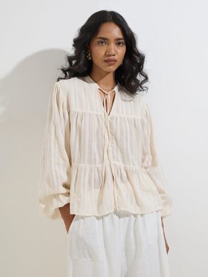 LOV Off-White Self-Striped Cotton Top