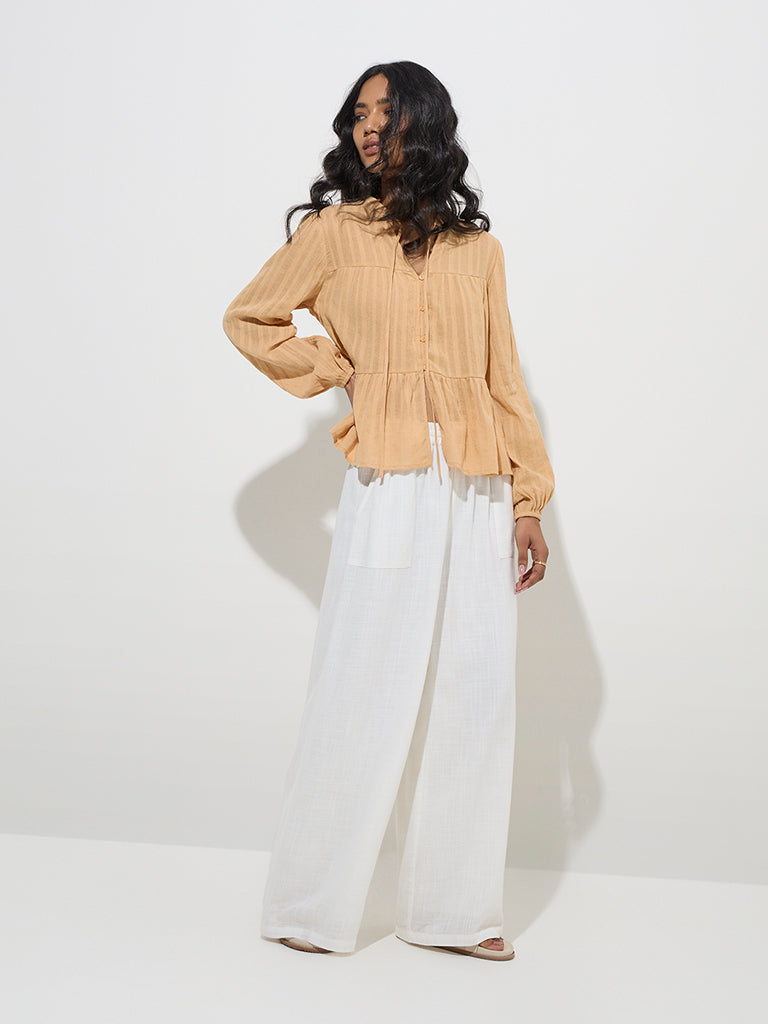 LOV Light Brown Self-Striped Cotton Top