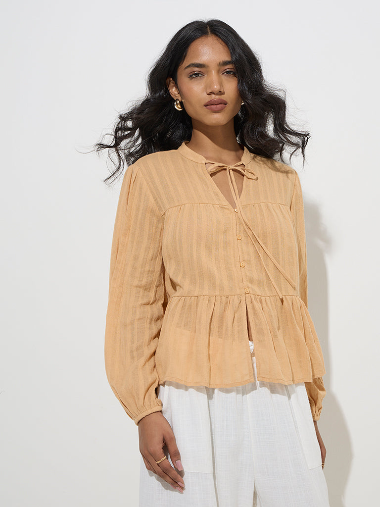 LOV Light Brown Self-Striped Cotton Top - Image 3