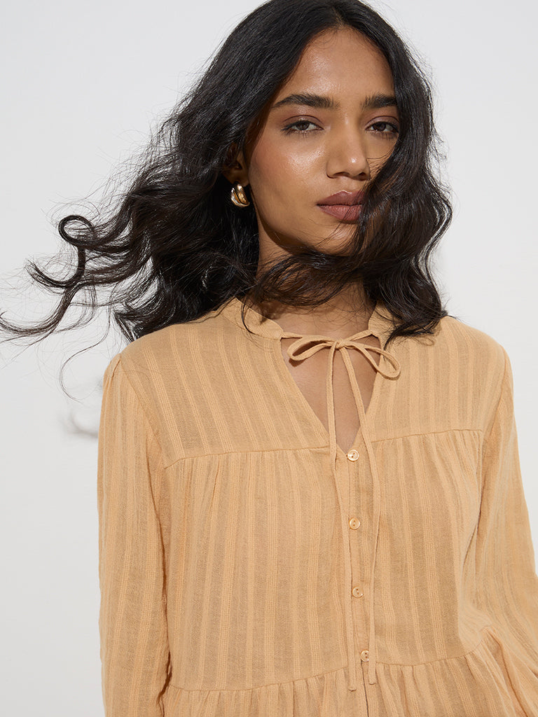 LOV Light Brown Self-Striped Cotton Top - Image 4