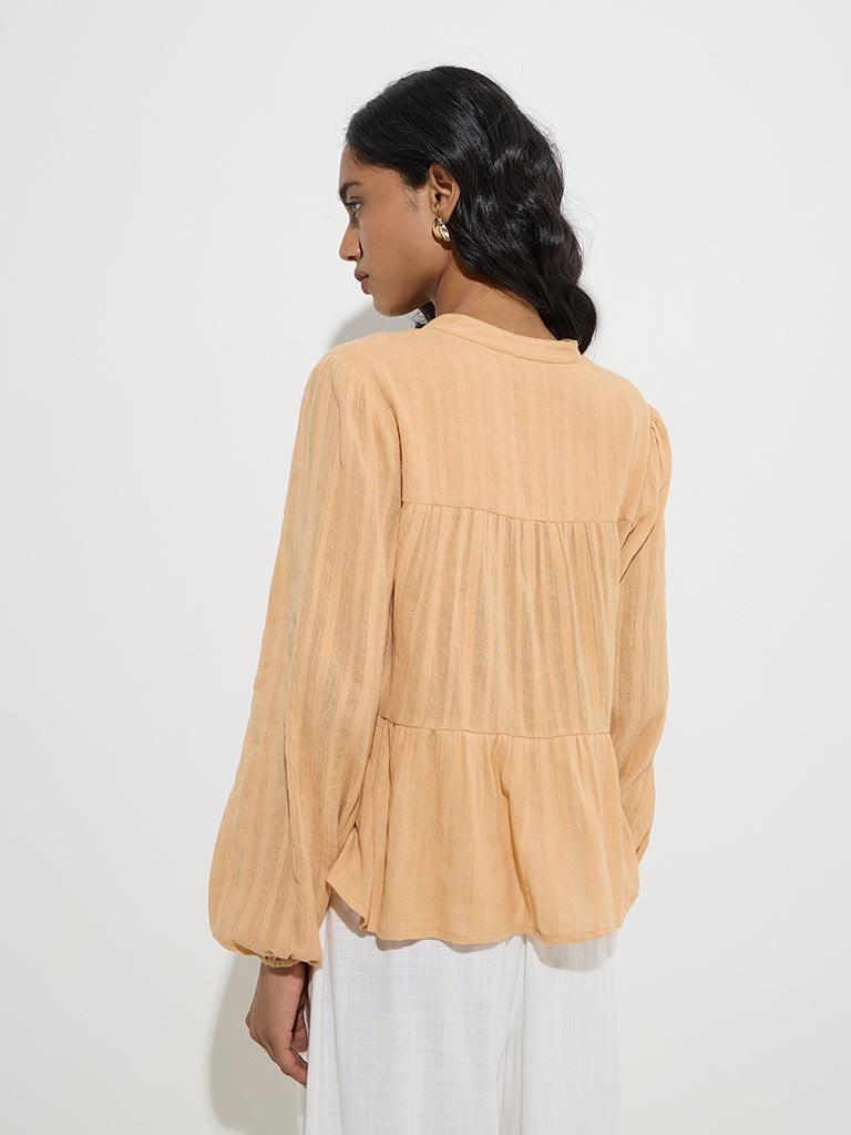 LOV Light Brown Self-Striped Cotton Top - Image 5