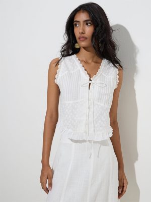 LOV White Floral Embroidered Cotton-Blend Top