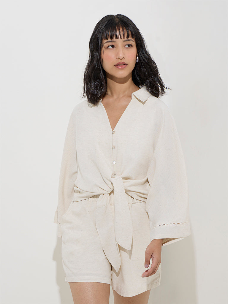 LOV Off-White Knot-Detailed Linen-Blend Blouse - Image 2