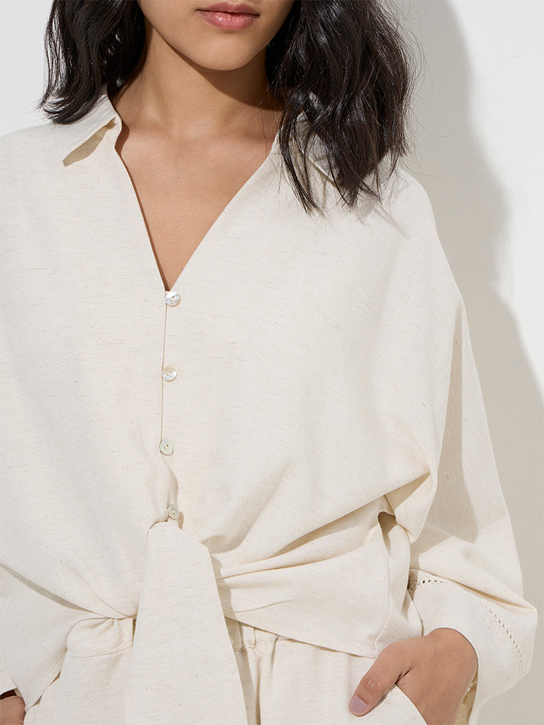 LOV Off-White Knot-Detailed Linen-Blend Blouse - Image 3