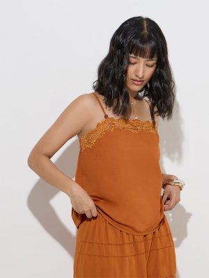 LOV Orange Floral Lace Detailed Linen-Blend Top