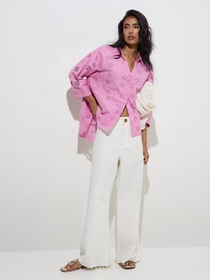 LOV Pink Floral Schiffli Detailed Cotton Shirt