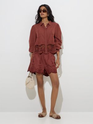 LOV Dark Brown Floral Lace Detailed Cotton Shirt