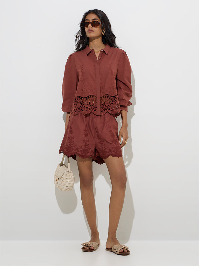 LOV Dark Brown Floral Lace Detailed Cotton Shirt
