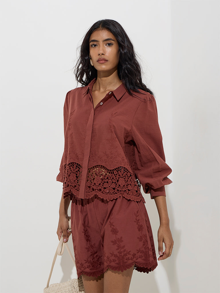 LOV Dark Brown Floral Lace Detailed Cotton Shirt - Image 2