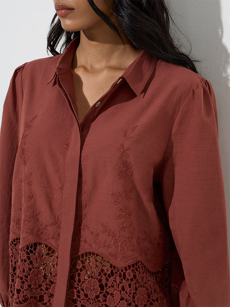 LOV Dark Brown Floral Lace Detailed Cotton Shirt - Image 3