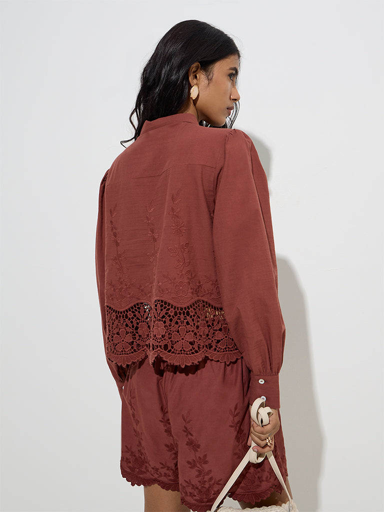 LOV Dark Brown Floral Lace Detailed Cotton Shirt - Image 4