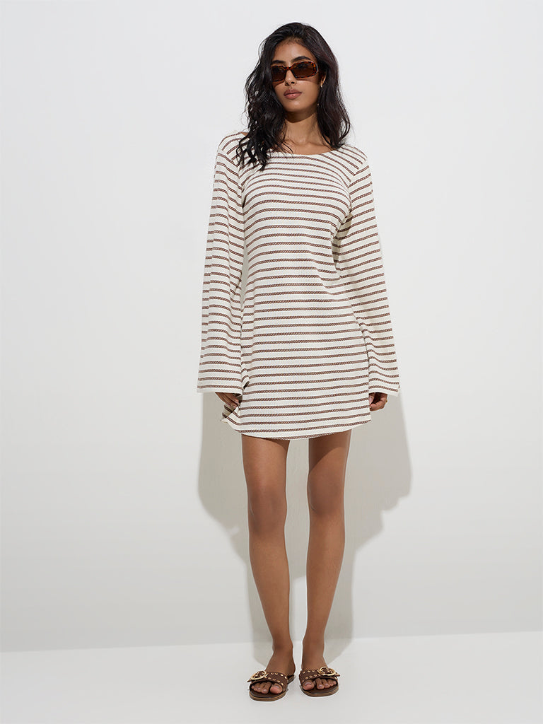 LOV Off-White Striped Knitted Cotton-Blend A-Line Dress