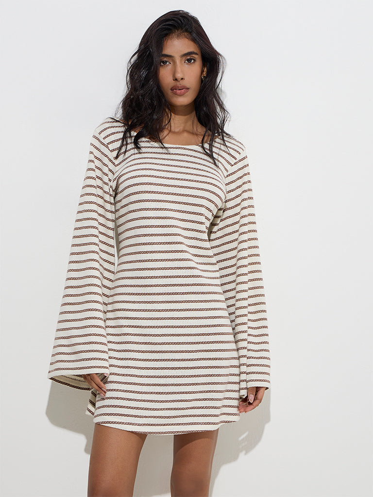 LOV Off-White Striped Knitted Cotton-Blend A-Line Dress - Image 2