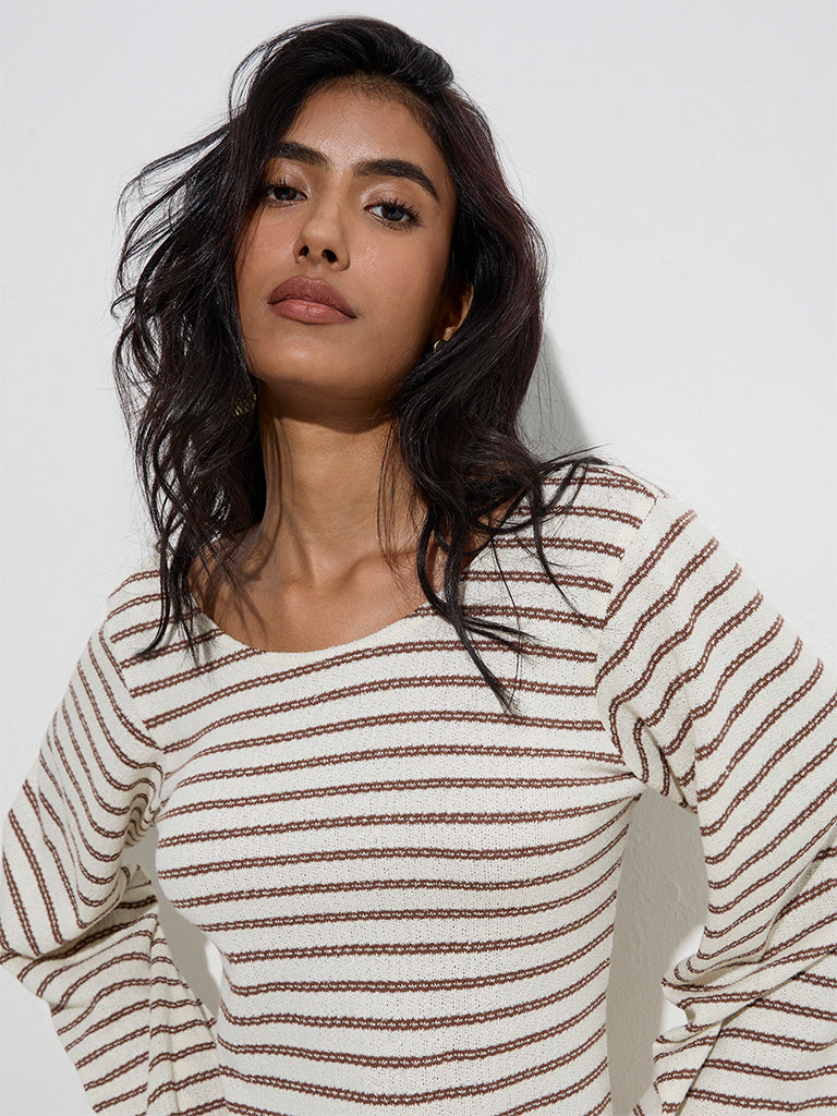 LOV Off-White Striped Knitted Cotton-Blend A-Line Dress - Image 3