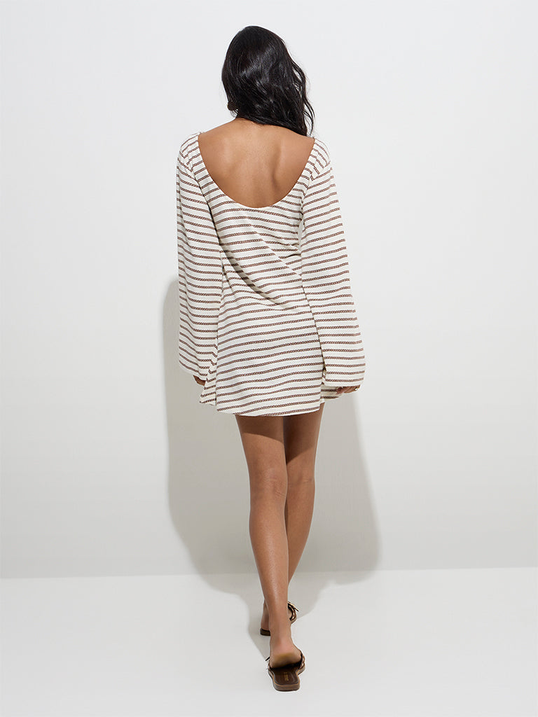 LOV Off-White Striped Knitted Cotton-Blend A-Line Dress - Image 4