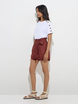 LOV Dark Brown Embroidered High-Rise Cotton Shorts with Belt