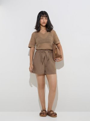 LOV Brown Paperbag-Waist Linen-Blend Shorts with Belt