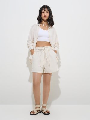 LOV Off-White Paperbag-Waist Linen-Blend Shorts with Belt