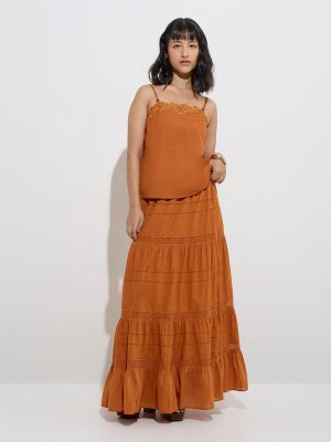 LOV Orange Lace Detailed Cotton High-Rise Tiered Skirt