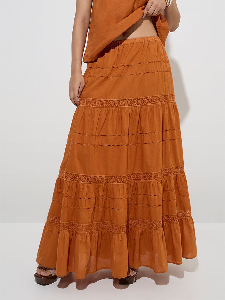 LOV Orange Lace Detailed Cotton High-Rise Tiered Skirt - Image 2
