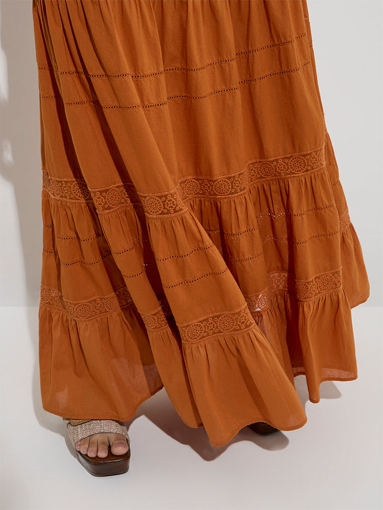 LOV Orange Lace Detailed Cotton High-Rise Tiered Skirt - Image 3