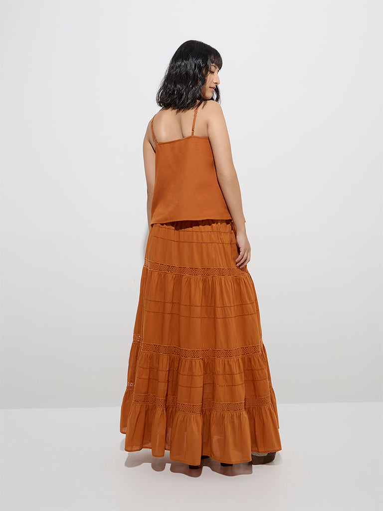 LOV Orange Lace Detailed Cotton High-Rise Tiered Skirt - Image 4