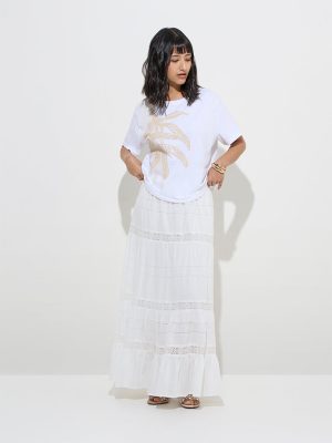 LOV White Lace Design Cotton High-Rise Tiered Skirt
