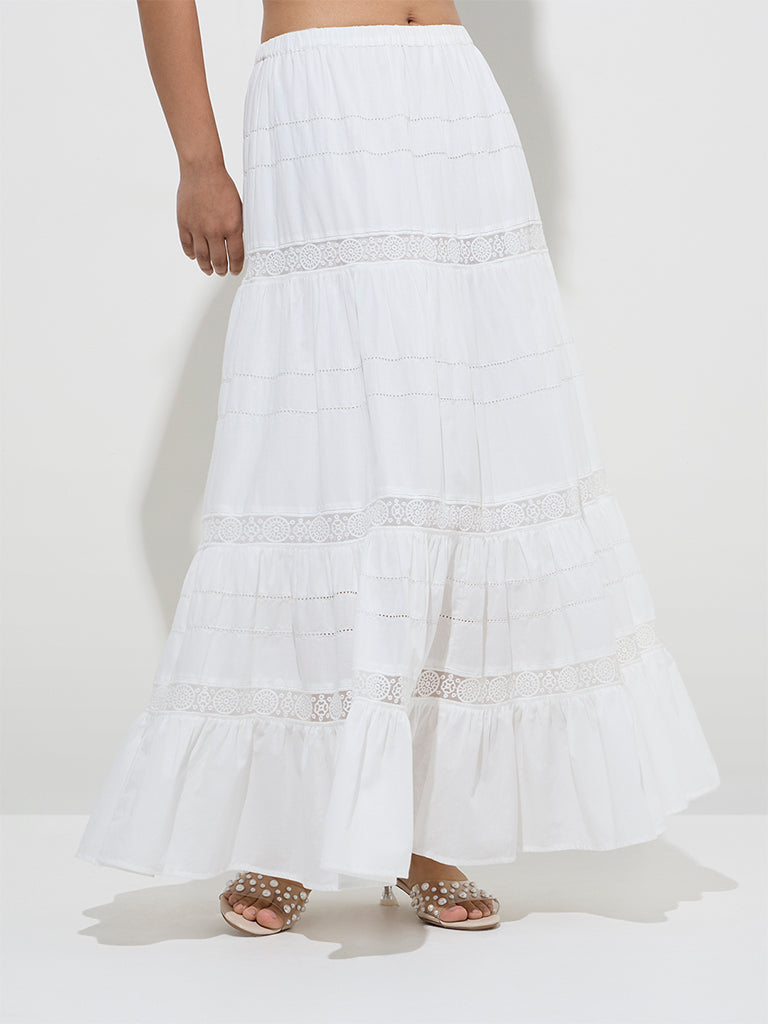 LOV White Lace Design Cotton High-Rise Tiered Skirt - Image 2