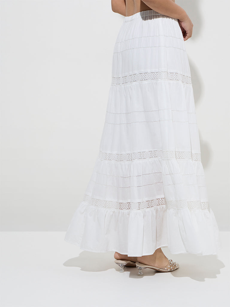 LOV White Lace Design Cotton High-Rise Tiered Skirt - Image 4