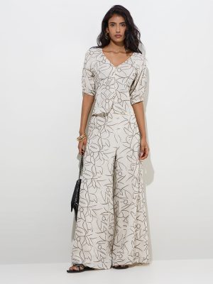 LOV Off-White Floral Embroidered High-Rise Trousers