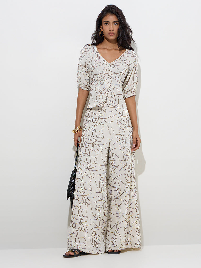 LOV Off-White Floral Embroidered High-Rise Trousers