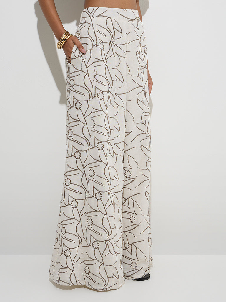 LOV Off-White Floral Embroidered High-Rise Trousers - Image 2