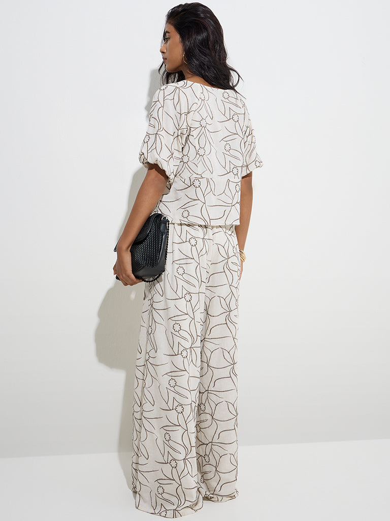 LOV Off-White Floral Embroidered High-Rise Trousers - Image 4