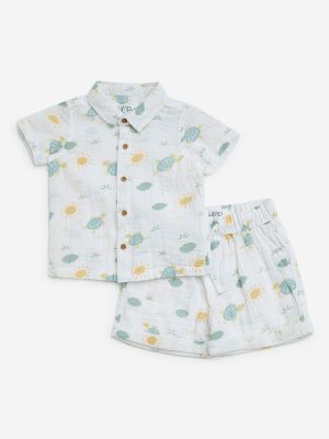HOP Baby White Printed Cotton Shirt and Shorts Set