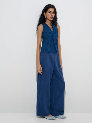 Bombay Paisley Indigo Crinkle-Textured Cotton Pants