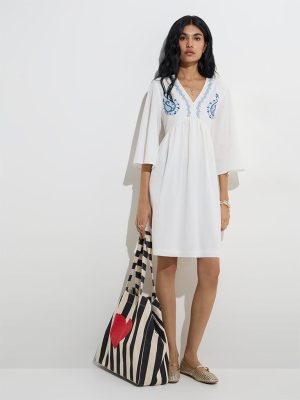 Bombay Paisley White Embroidered Cotton-Blend A-Line Dress
