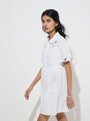 Bombay Paisley White Floral Embroidered Cotton A-Line Dress