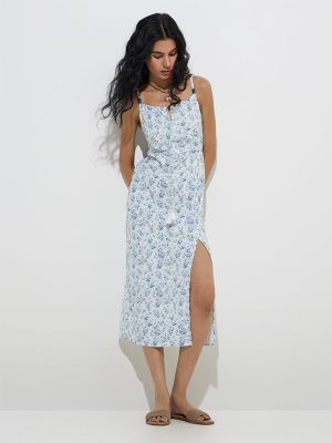 Bombay Paisley Blue Floral Printed Cotton A-Line Dress