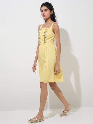 Bombay Paisley Yellow Embroidered Cotton A-Line Dress