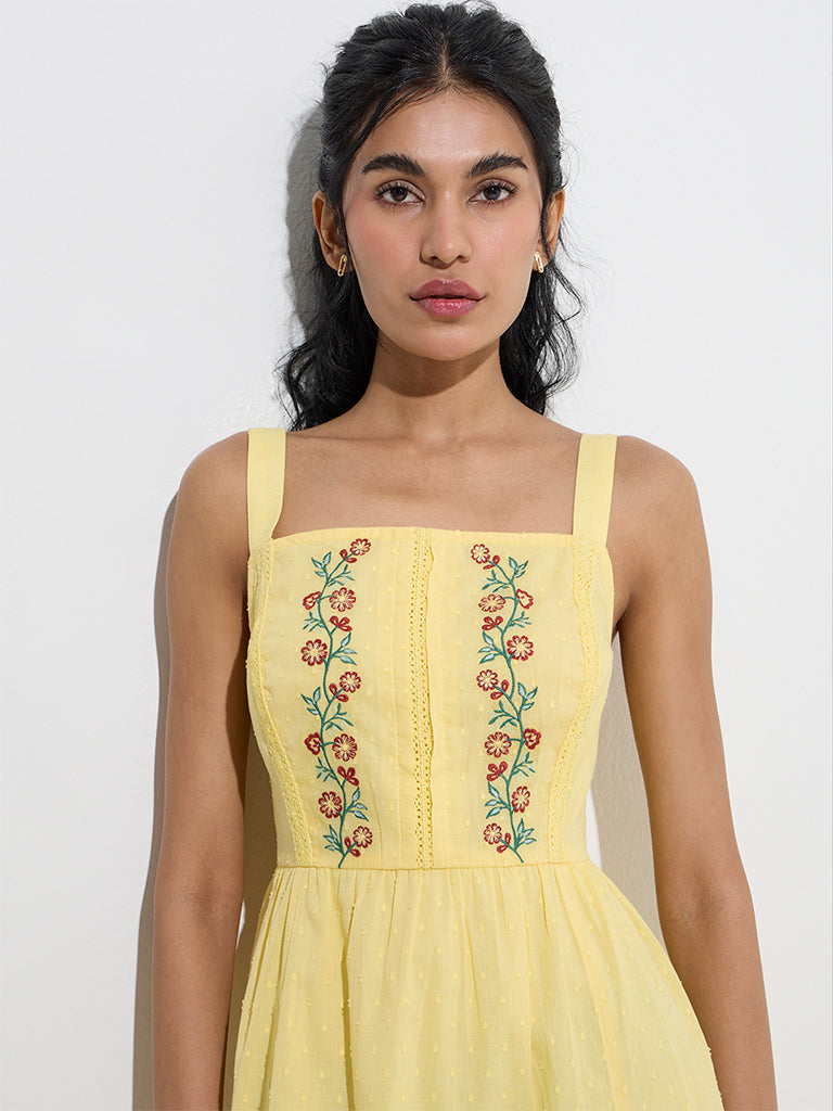 Bombay Paisley Yellow Embroidered Cotton A-Line Dress - Image 2