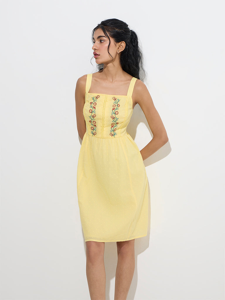 Bombay Paisley Yellow Embroidered Cotton A-Line Dress - Image 3