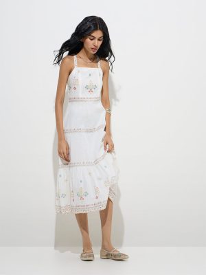 Bombay Paisley White Floral Printed Cotton A-Line Dress