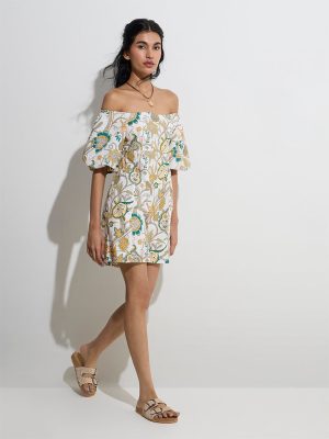 Bombay Paisley Multicolour Foliage Cotton-Blend A-Line Dress